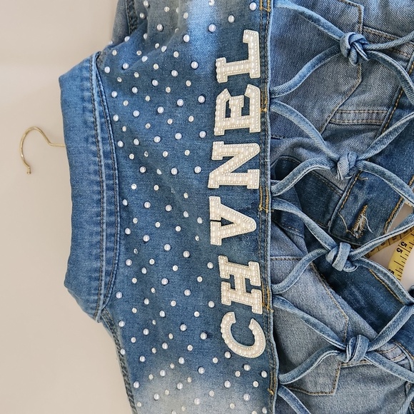 NWOT! Custom made Fringe crop diamond and pearl jean jacket - Picture 12 of 12